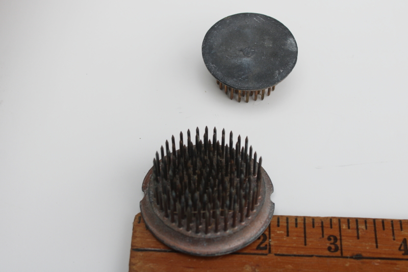 photo of vintage metal pin flower frogs, small heavy round flower holders w/ brass spikes  #2