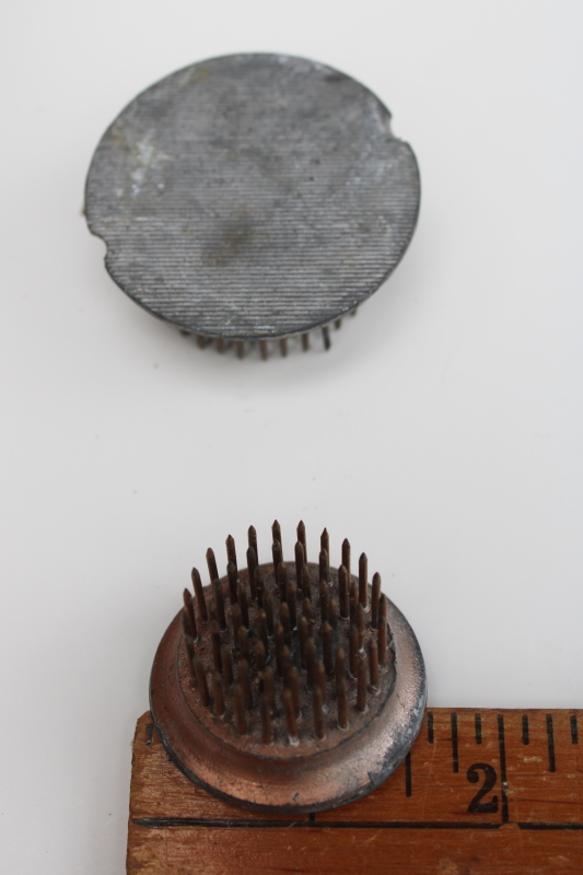 photo of vintage metal pin flower frogs, small heavy round flower holders w/ brass spikes  #3