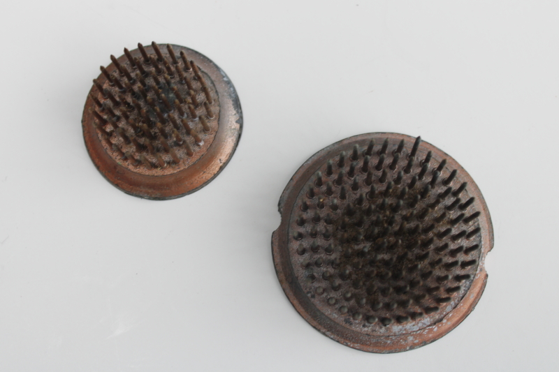 photo of vintage metal pin flower frogs, small heavy round flower holders w/ brass spikes  #5