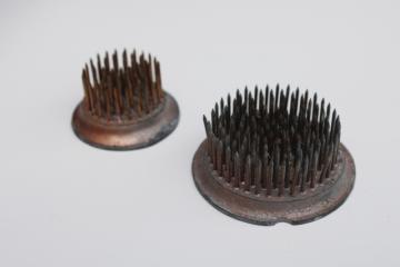 vintage metal pin flower frogs, small heavy round flower holders w/ brass spikes 