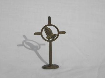 catalog photo of vintage metal prayer cross w/devotional hands for religious shrine
