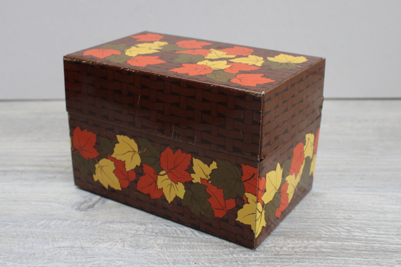 photo of vintage metal recipe card box for fall harvest season, autumn leaf colored leaves print #1