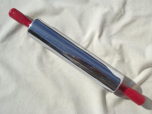 photo of vintage metal rolling pin, Krispy Krust steel rolling pin w/ red handles #2