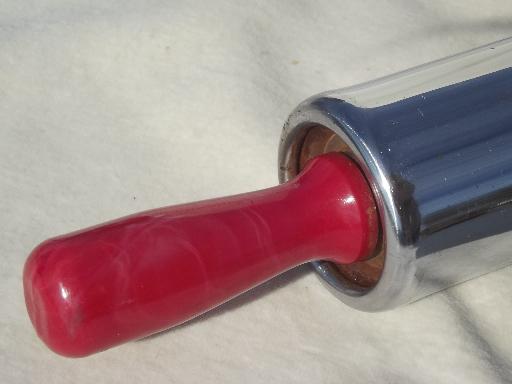 photo of vintage metal rolling pin, Krispy Krust steel rolling pin w/ red handles #3