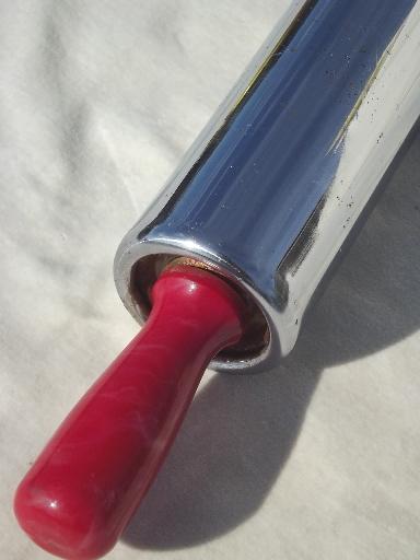 photo of vintage metal rolling pin, Krispy Krust steel rolling pin w/ red handles #4