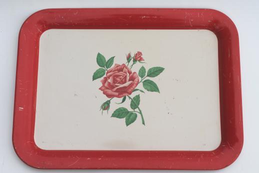 photo of vintage metal serving tray w/ pink rose print, red trim tray for retro kitchen #1