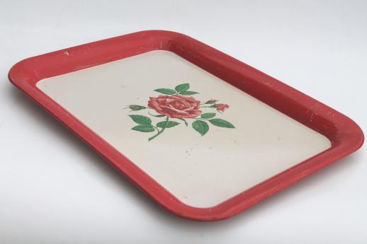 photo of vintage metal serving tray w/ pink rose print, red trim tray for retro kitchen #3