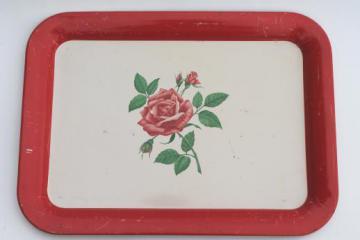 catalog photo of vintage metal serving tray w/ pink rose print, red trim tray for retro kitchen