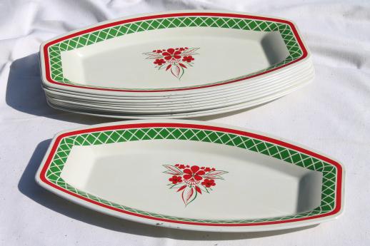 photo of vintage metal serving tray set, 12 Christmas red & green holiday print trays #1