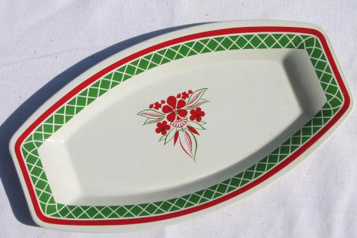 photo of vintage metal serving tray set, 12 Christmas red & green holiday print trays #3