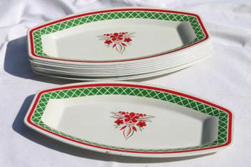 catalog photo of vintage metal serving tray set, 12 Christmas red & green holiday print trays