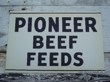 catalog photo of vintage metal sign Pioneer Beef Feed, old  farm feed mill advertising 