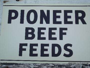 catalog photo of vintage metal sign Pioneer Beef Feed, old  farm feed mill advertising 