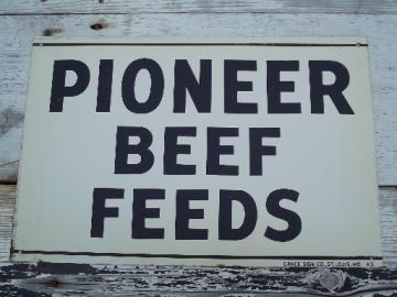 catalog photo of vintage metal sign Pioneer Beef Feed, old  farm feed mill advertising