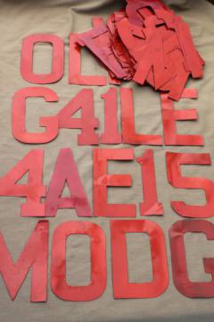 catalog photo of vintage metal sign letters / numbers lot, stencil lettering w/ old red paint