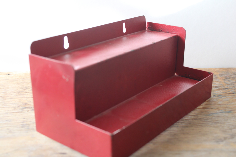 photo of vintage metal spice rack for spice set jars or glass bottles, two tiered shelf w/ original red paint  #5