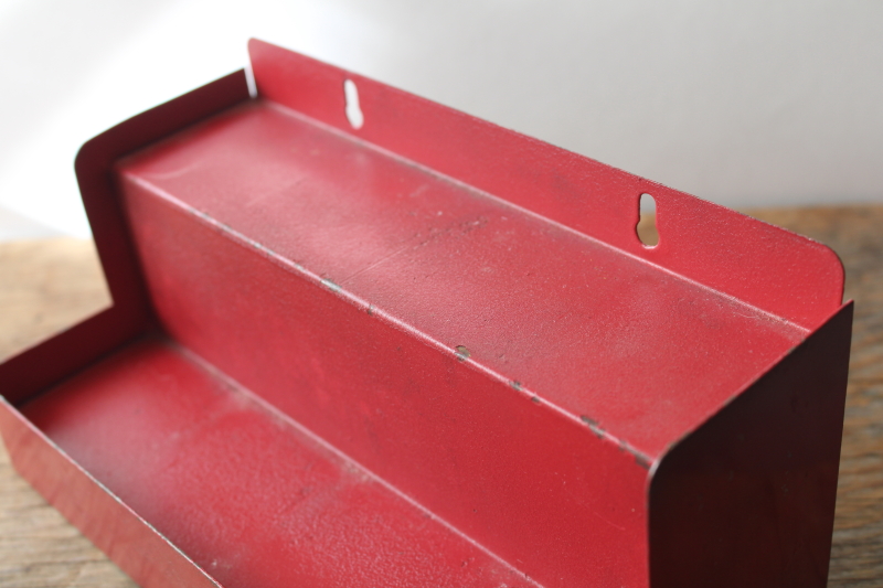 photo of vintage metal spice rack for spice set jars or glass bottles, two tiered shelf w/ original red paint  #6