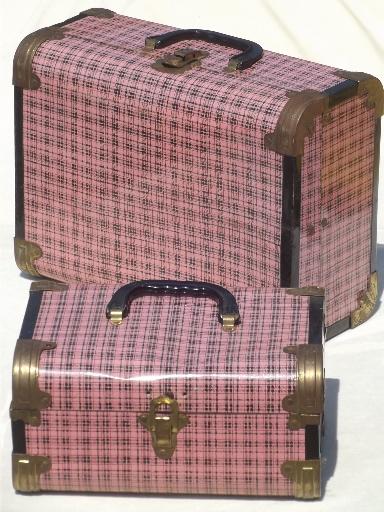 photo of vintage metal suitcases, pink plaid tin litho doll trunk child's toy luggage #1