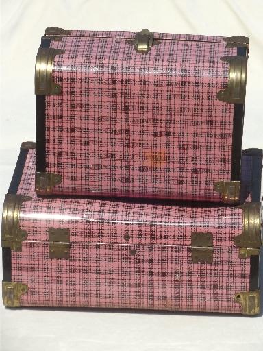 photo of vintage metal suitcases, pink plaid tin litho doll trunk child's toy luggage #2