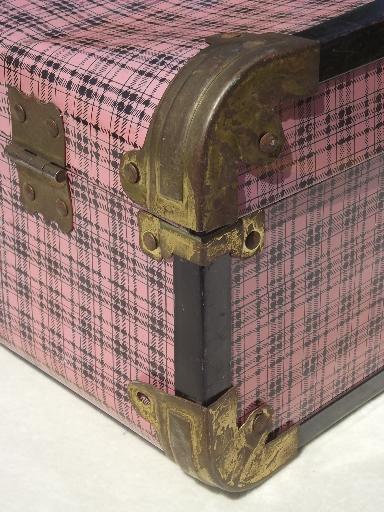 photo of vintage metal suitcases, pink plaid tin litho doll trunk child's toy luggage #5