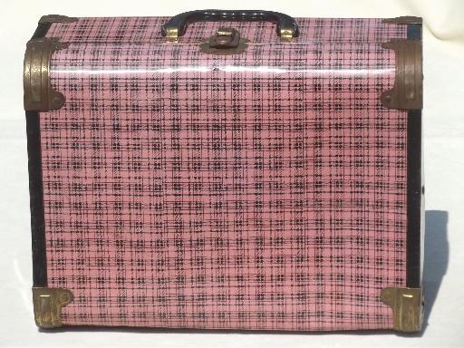 photo of vintage metal suitcases, pink plaid tin litho doll trunk child's toy luggage #6