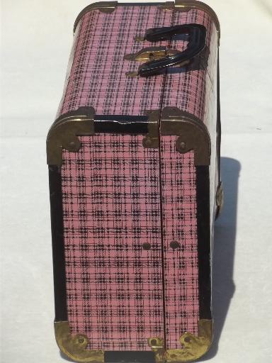 photo of vintage metal suitcases, pink plaid tin litho doll trunk child's toy luggage #7