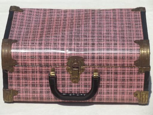 photo of vintage metal suitcases, pink plaid tin litho doll trunk child's toy luggage #9