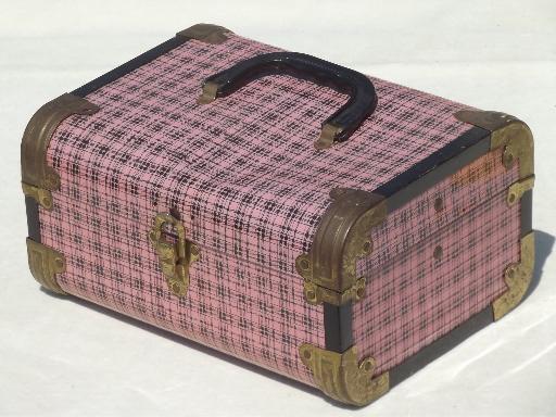 photo of vintage metal suitcases, pink plaid tin litho doll trunk child's toy luggage #11