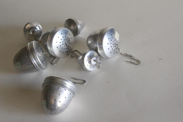 photo of vintage metal tea balls, loose tea strainer brewing baskets in mug cup & pot sizes #1