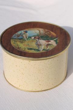 catalog photo of vintage metal tin w/ hunting bird dog pointer hounds, hunting scene illustration