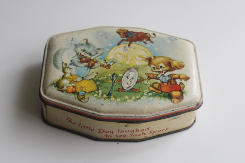 photo of vintage metal tin w/ Hey Diddle nursery rhyme print, Horner toffee candy English sweets  #1