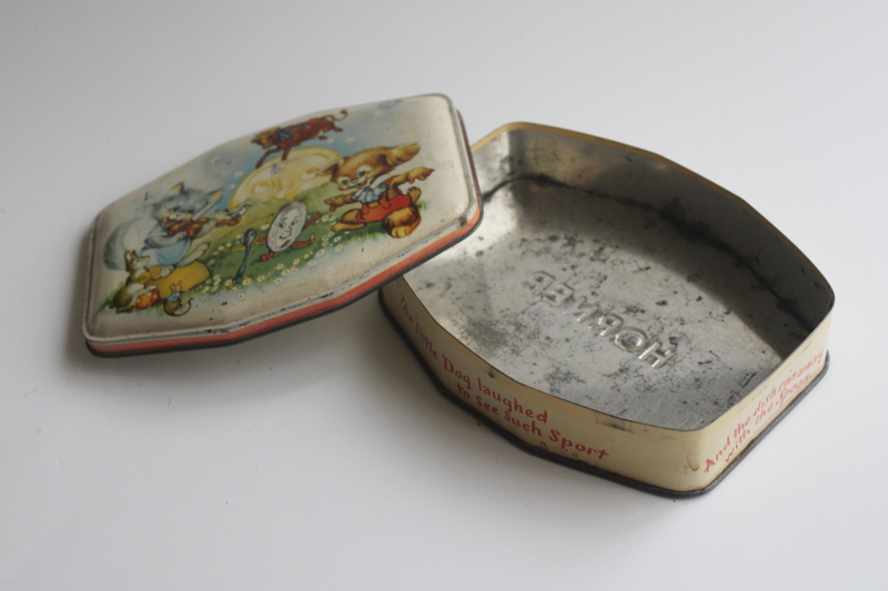 photo of vintage metal tin w/ Hey Diddle nursery rhyme print, Horner toffee candy English sweets  #3