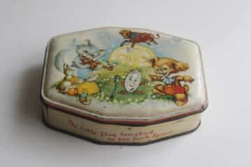 vintage metal tin w/ Hey Diddle nursery rhyme print, Horner toffee candy English sweets 