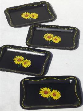 catalog photo of vintage metal tip trays, flowers on black tole print cocktail tray set