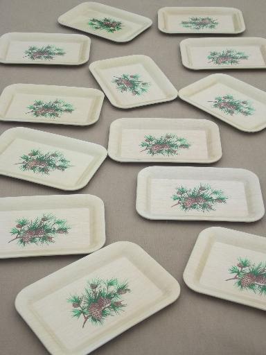 photo of vintage metal tip trays, holiday lodge pinecones print cocktail tray set #1