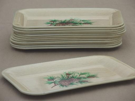 photo of vintage metal tip trays, holiday lodge pinecones print cocktail tray set #2