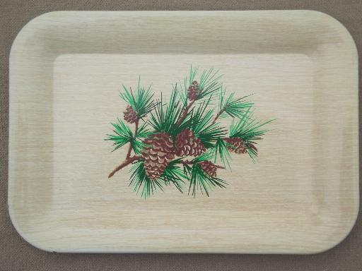 photo of vintage metal tip trays, holiday lodge pinecones print cocktail tray set #3