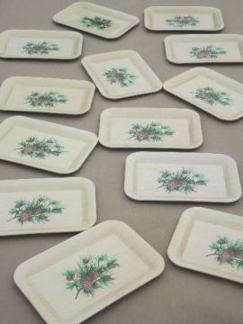 catalog photo of vintage metal tip trays, holiday lodge pinecones print cocktail tray set