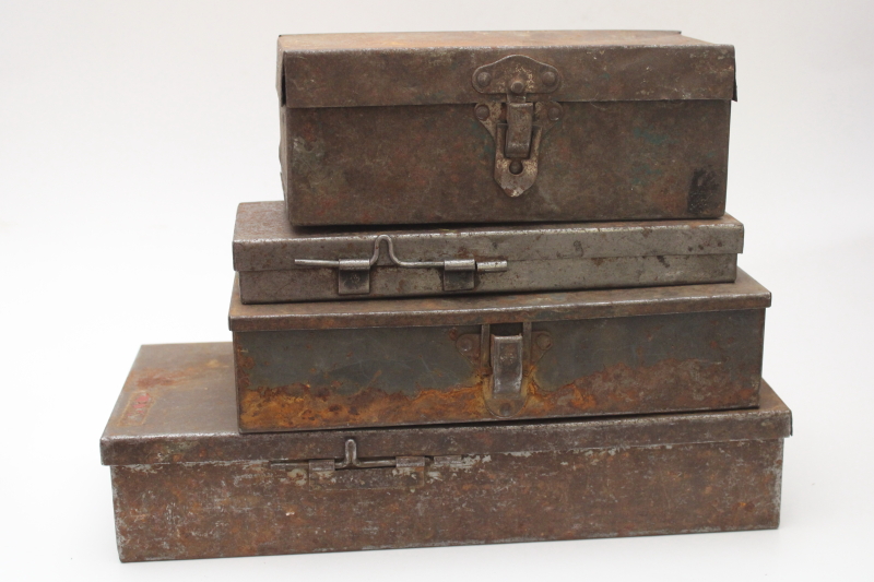 photo of vintage metal toolboxes & cases for specialty tools, rusty crusty plain steel boxes industrial style  #1