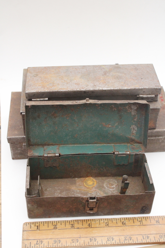 photo of vintage metal toolboxes & cases for specialty tools, rusty crusty plain steel boxes industrial style  #3