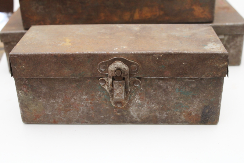 photo of vintage metal toolboxes & cases for specialty tools, rusty crusty plain steel boxes industrial style  #4