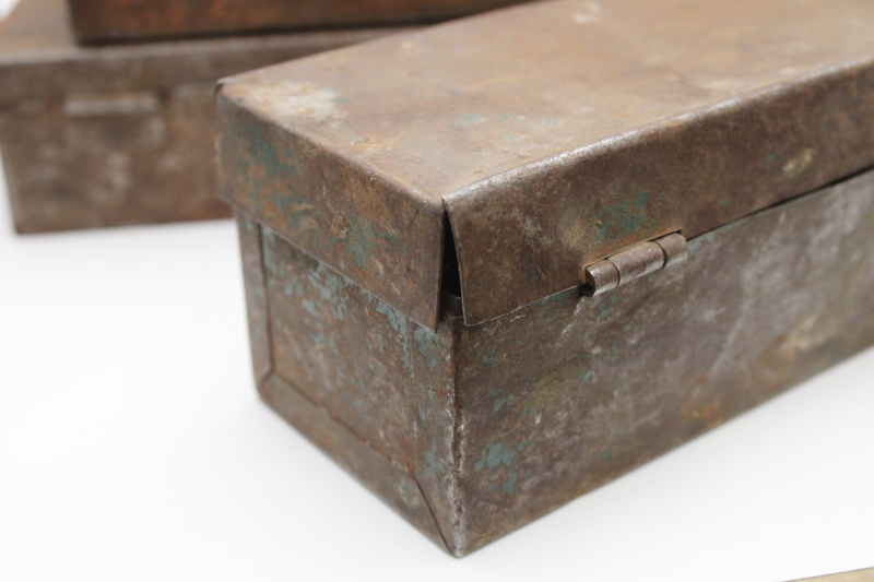photo of vintage metal toolboxes & cases for specialty tools, rusty crusty plain steel boxes industrial style  #5