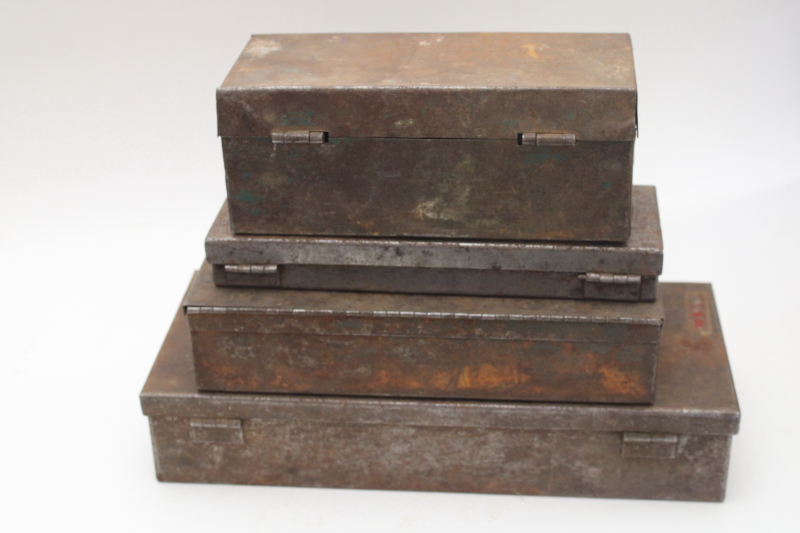 photo of vintage metal toolboxes & cases for specialty tools, rusty crusty plain steel boxes industrial style  #6