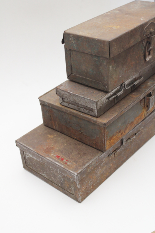 photo of vintage metal toolboxes & cases for specialty tools, rusty crusty plain steel boxes industrial style  #7