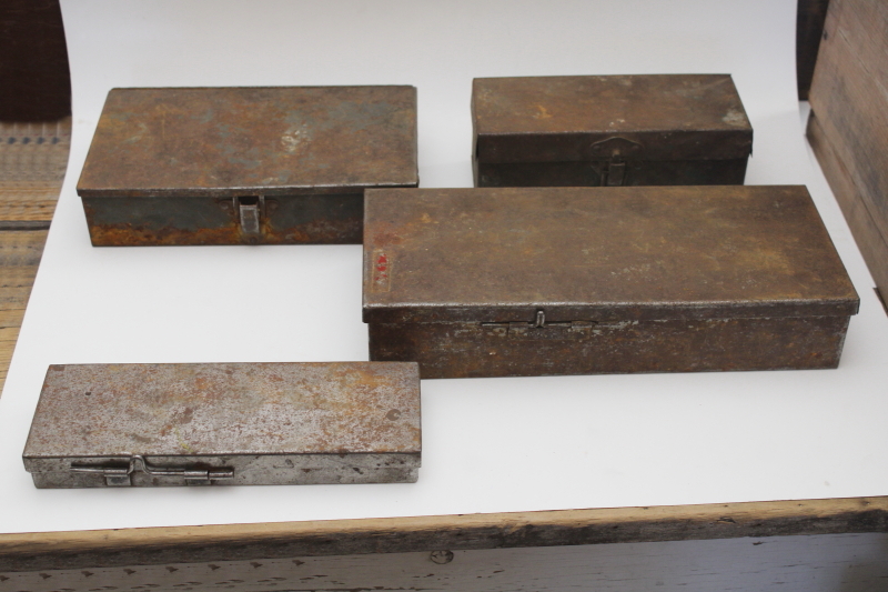 photo of vintage metal toolboxes & cases for specialty tools, rusty crusty plain steel boxes industrial style  #8