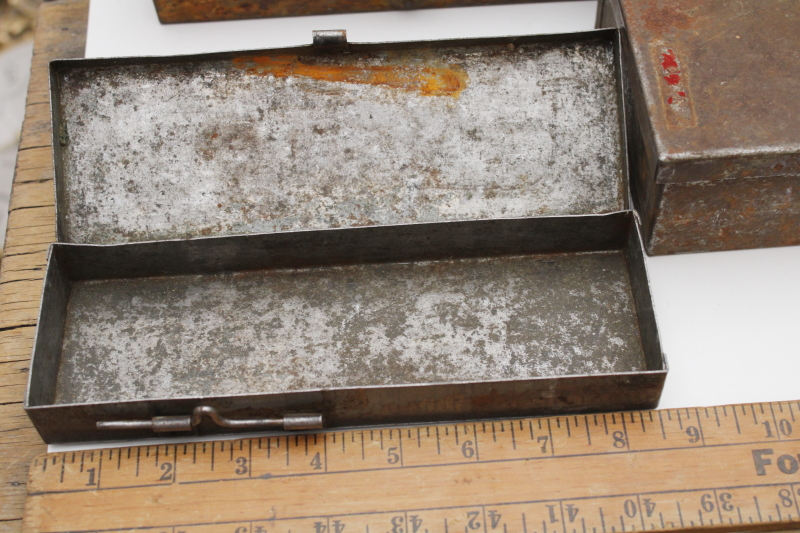 photo of vintage metal toolboxes & cases for specialty tools, rusty crusty plain steel boxes industrial style  #9
