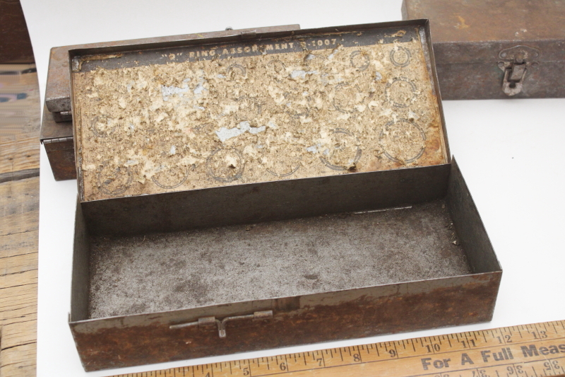 photo of vintage metal toolboxes & cases for specialty tools, rusty crusty plain steel boxes industrial style  #12