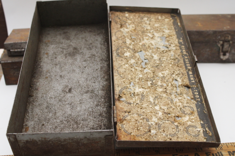 photo of vintage metal toolboxes & cases for specialty tools, rusty crusty plain steel boxes industrial style  #14