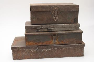 catalog photo of vintage metal toolboxes & cases for specialty tools, rusty crusty plain steel boxes industrial style 