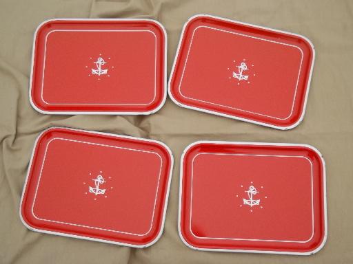 photo of vintage metal tray set, red w/ silver anchor meal trays, nautical style!  #1